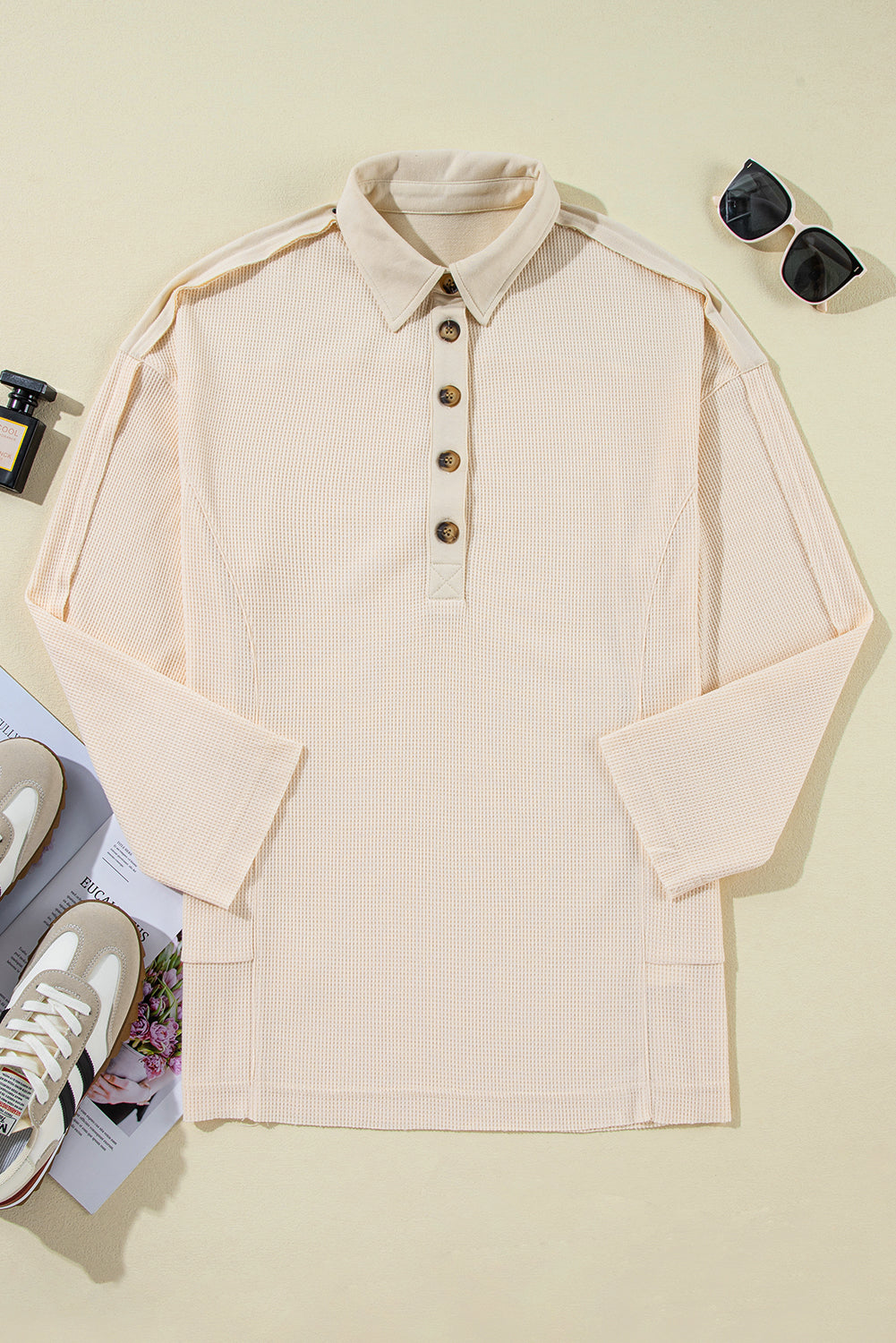 Pink Waffle Long Sleeve Collar Half Button Loose Top