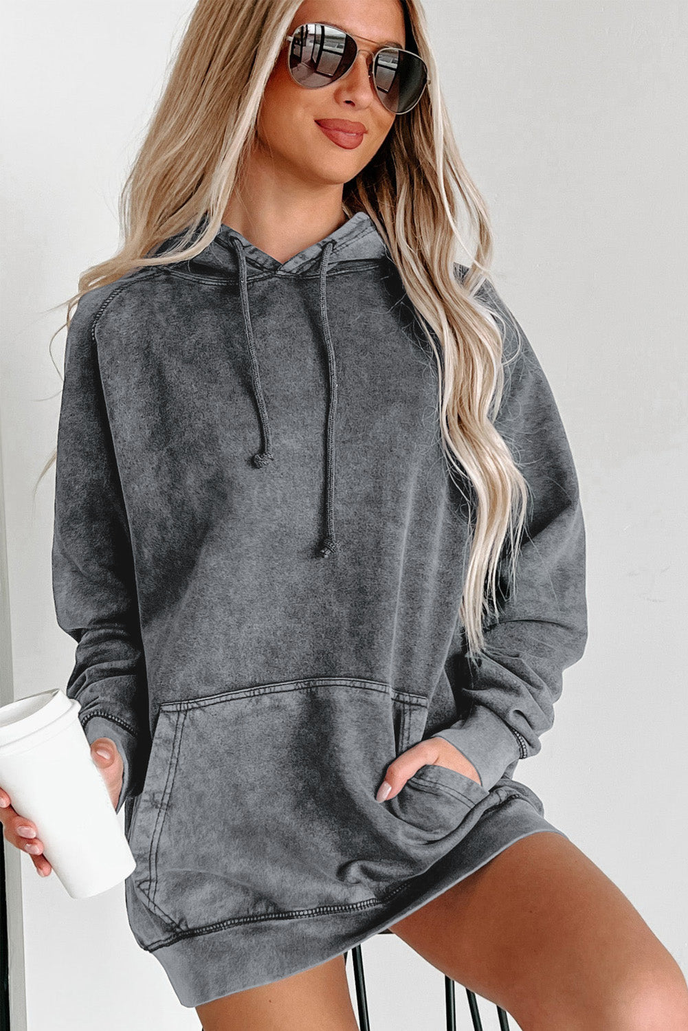 Gray Mineral Wash Kangaroo Pocket Drawstring Pullover Hoodie