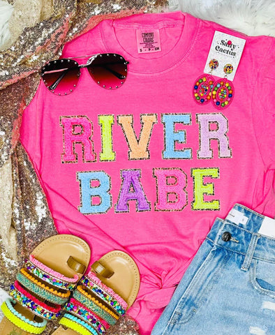 *DTG* River Babe Faux Chenille Letter Neon Pink Comfort Color Tee