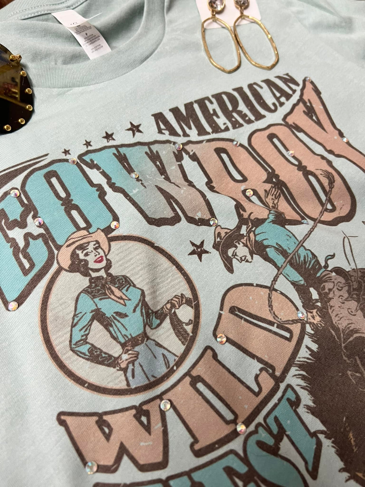 *EMBELLISHED* American Cowboy Wild West Free Spirit Dusty Blue Tee