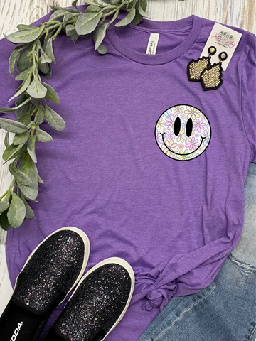 *DTG* Spring Smiley Flowers Pocket on Purple Tee