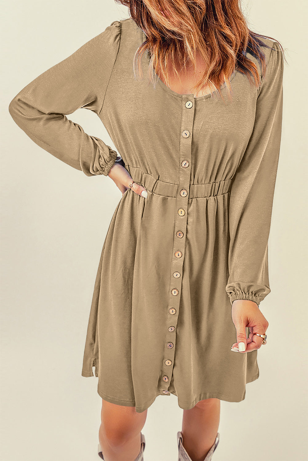 Yellow Button Up High Waist Long Sleeve Dress