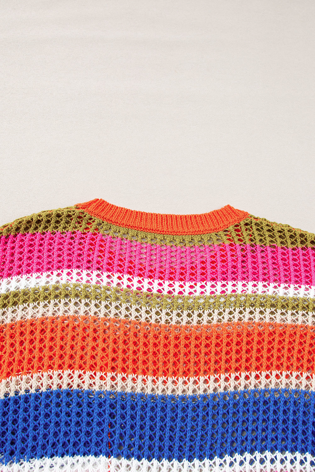 Orange Stripe Colorblock Hollowed Crochet 3/4 Sleeve Sweater