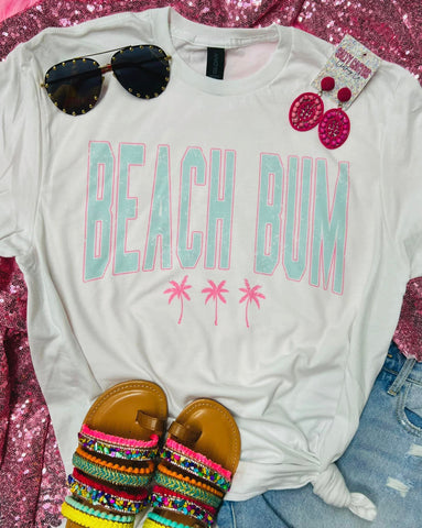 Beach Bum Pink Palm Trees White Tee