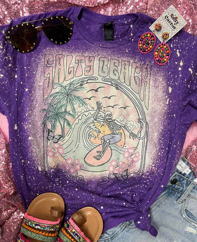 Salty Beach Skeleton Surfer Purple Bleached Tee