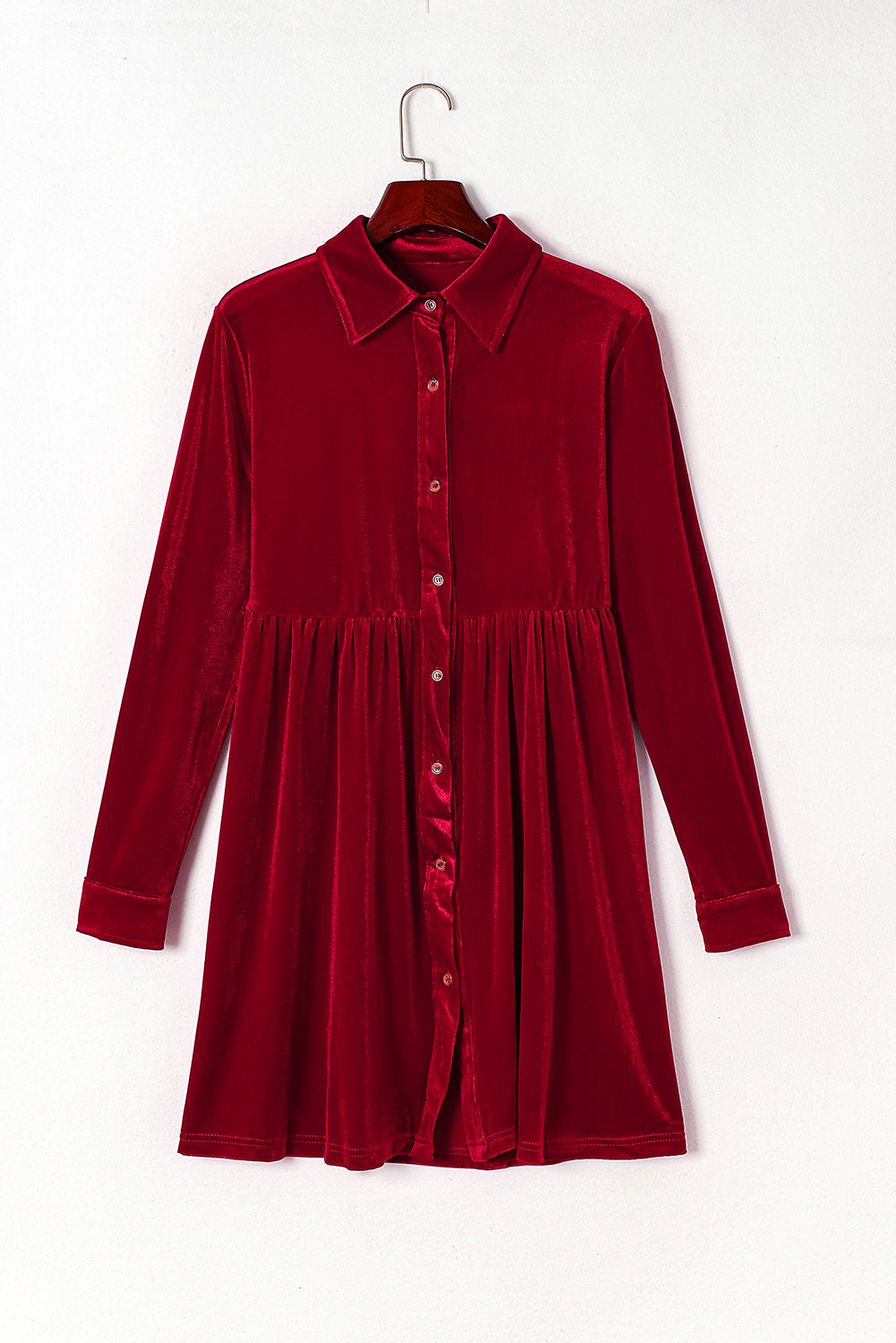 Rose Long Sleeve Ruffle Velvet Button Up Dress
