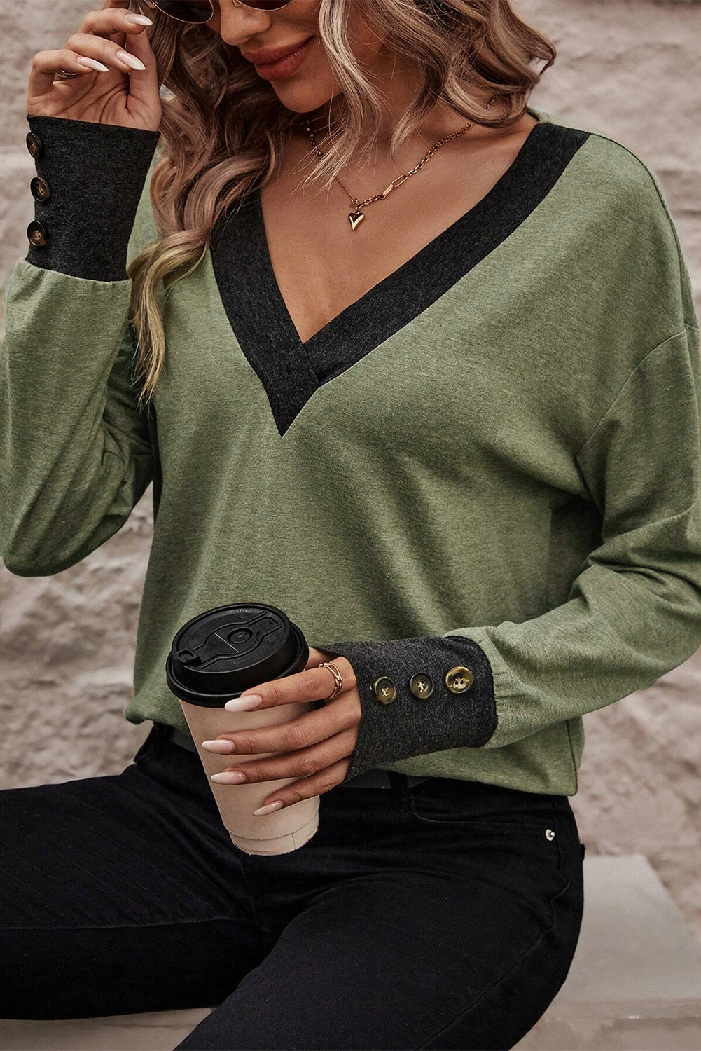 Khaki Contrast V Neck Button Cuffed Long Sleeve Top