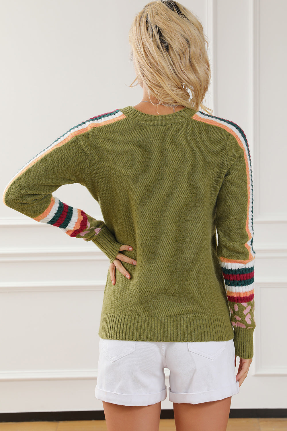 Green Leopard Contrast Striped Sleeve Ribbed Trim Sweater