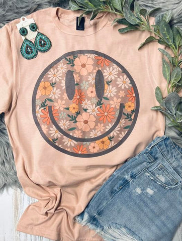 *RTS 10-12 BUS DAYS* Grey Floral Smile Peach Tee