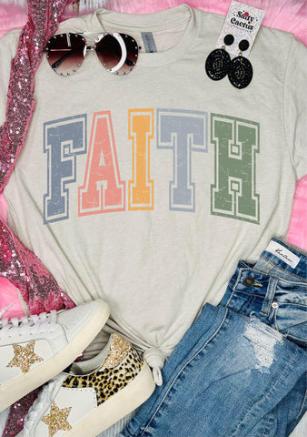 Faith Distressed Multi Colored Tan Tee