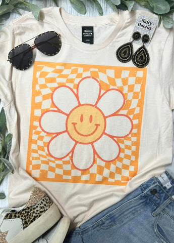 Smile Orange Checkered Square Blossom Tee