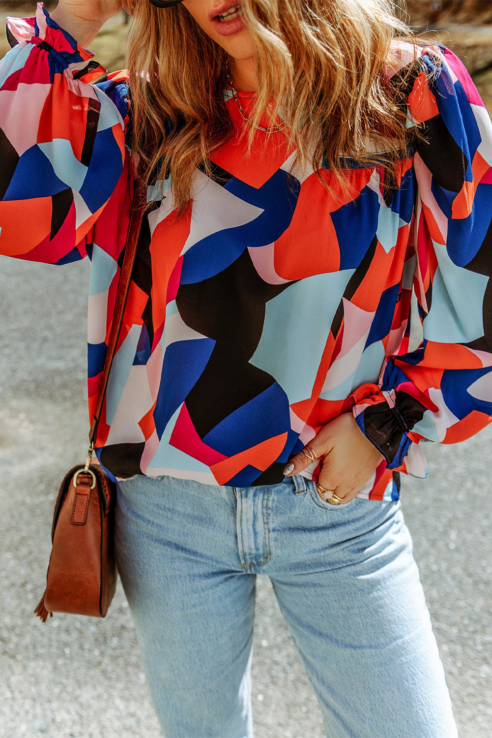 Multicolor Abstract Pattern Crewneck Ruffled Puff Sleeve Blouse