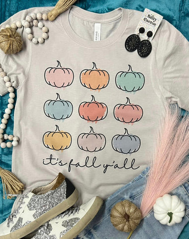 Its Fall Yall Multicolor Pumpkins Stone Grey Tee