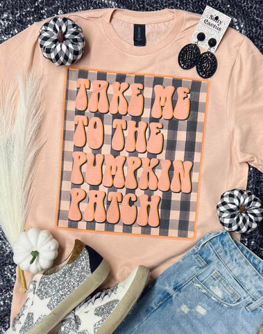 Checkered Take Me to the Pumpkin Patch Peach Tee