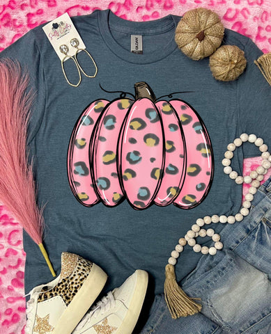 *DTG* Pink Leopard Pumpkin Slate Blue Tee