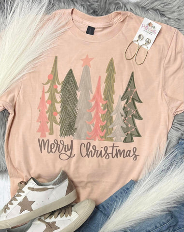 Pink Mint Trees Merry Christmas Peach Tee