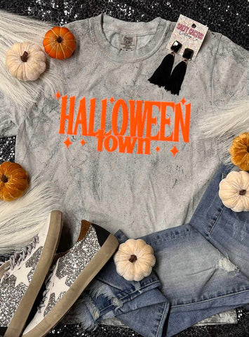 *PUFF* Halloweentown Neon Orange Puff on Grey Acid Wash Comfort Color Tee