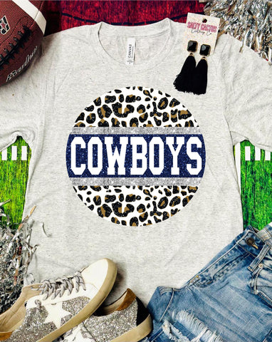 Cowboys Navy And Silver Leopard Glitter Circle Triblend Bella Tee