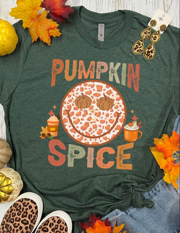 *DTG* Pumpkin Spice Leopard Smile Forest Green Tee