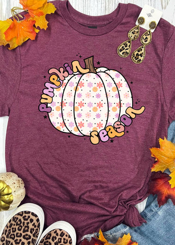 *DTG* Purple Flowers Pumpkin Season Maroon Tee