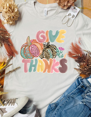 Give Thanks Leopard Pumpkin Pastel Colors Tan Tee