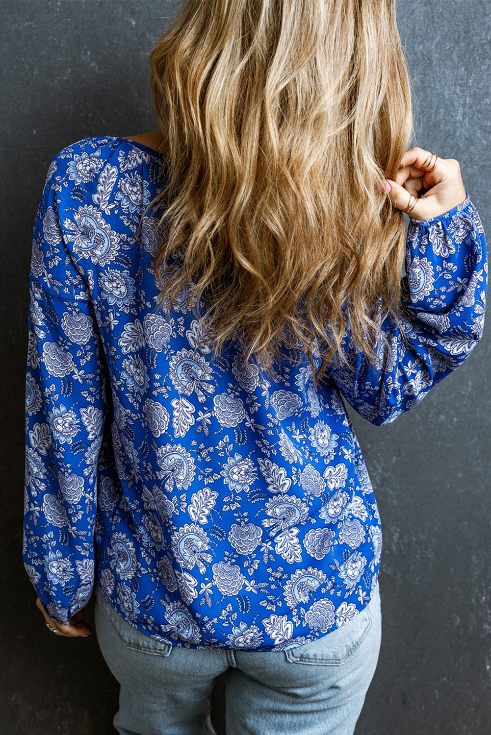 Blue Floral Notched V-Neck Long Sleeve Blouse