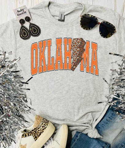 Oklahoma Distressed Leopard Lightning Bolt Ash Grey Tee