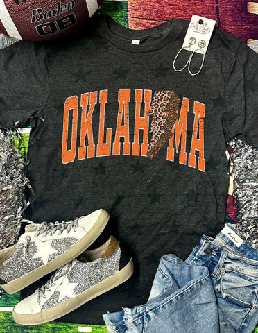 *DTG* Oklahoma Distressed Leopard Lightning Bolt Black Star Tee