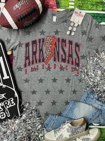 *DTG* Arkansas Razorbacks Leopard Bolt Grey Star Tee