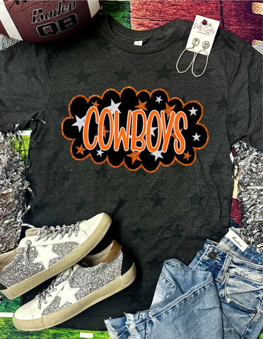 *DTG* Bubble Cloud Mascot Cowboys Orange Design on Black Star Tee