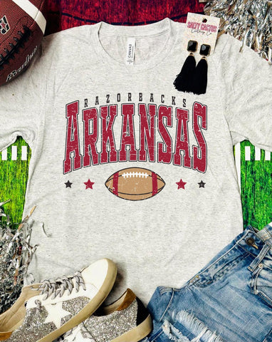 Arkansas Distressed Football Ash Triblend Tee