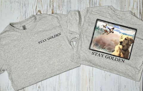 STAY GOLDEN HUNTING  FRONT AND BACK Ash Grey Tee