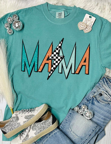 *DTG* Mama Checkered Bolt Seafoam Comfort Color Tee