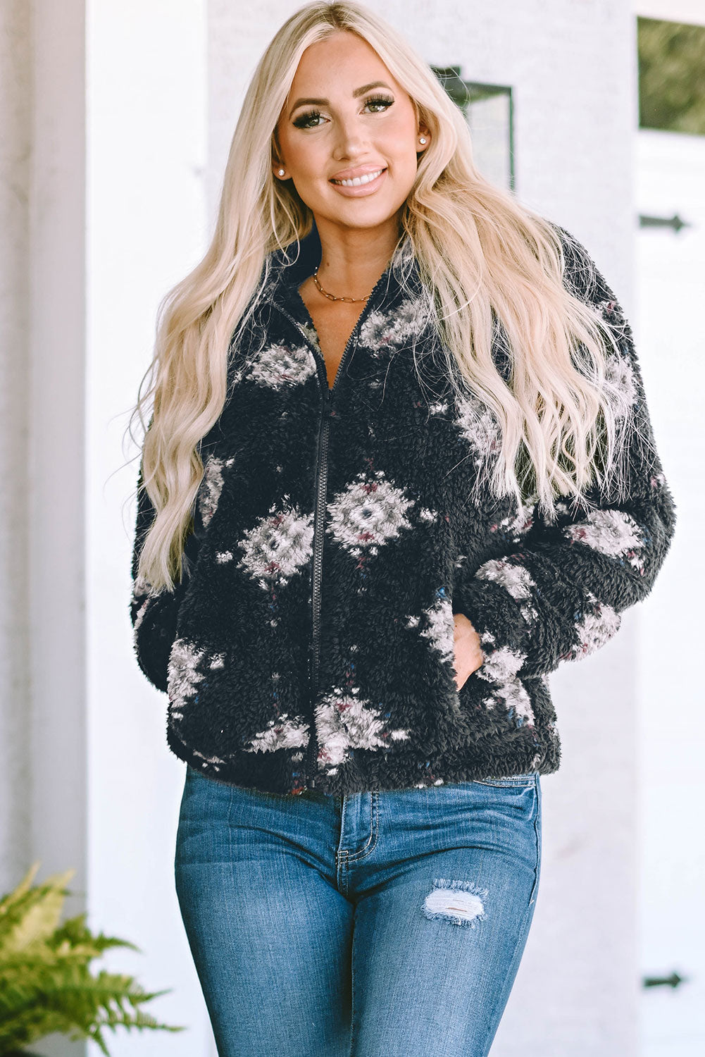 Black Aztec Pattern Zipper Collared Sherpa Jacket