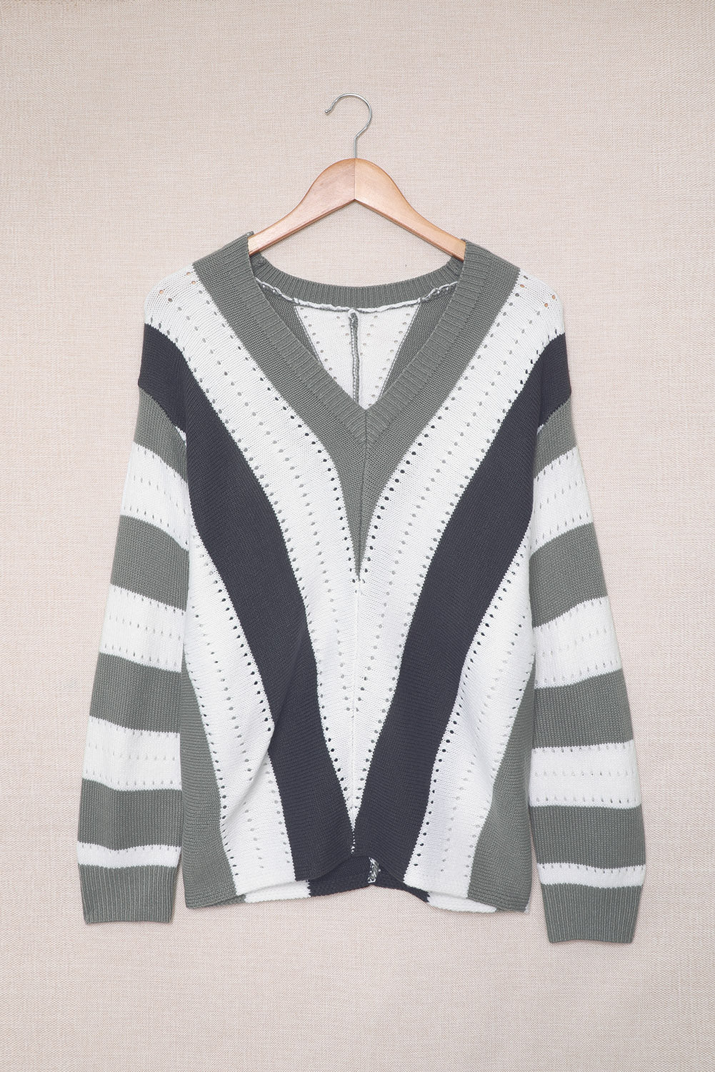 Blue Striped Colorblock V Neck Knitted Sweater