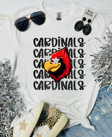 Cardinals Star Eyes Red Glitter Stacked WHITE TEE