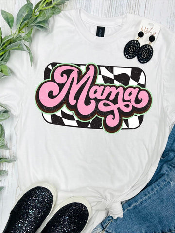 Mama Checkered Distressed White Tee