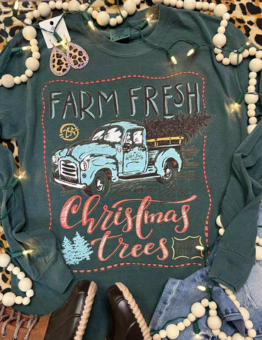 *RTS 5-7 Bus Days* *DTG* Farm Fresh Christmas Trees Turquoise Truck Long Sleeve Blue Spruce Comfort Color