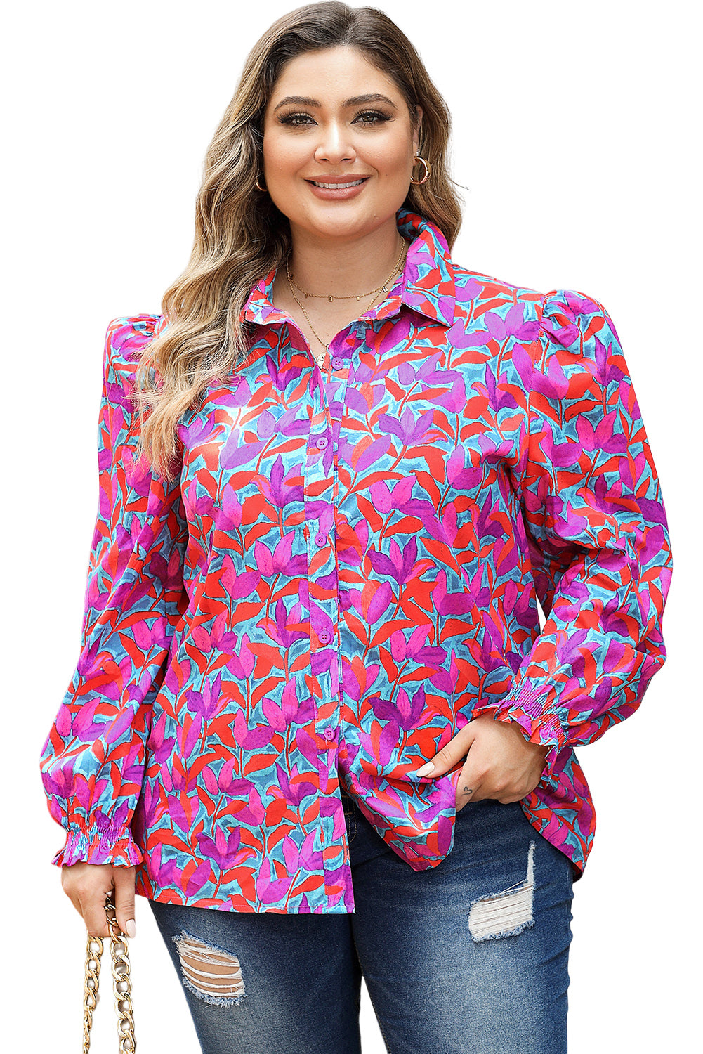 Multicolour Plus Size Floral Print Ruffled Puff Sleeve Shirt