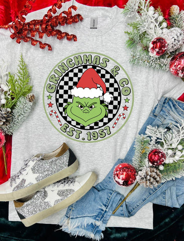 *RTS 5-7 Bus Days* Grinchmas & Co Checkered Circle Ash Grey Tee