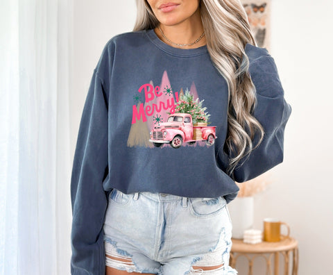 *DTG* Be Merry Pink Truck Blue Jean Comfort Color Long Sleeve