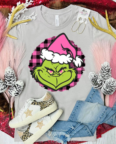 *RTS 5-7 Bus Days* Grinch Pink Buffalo Plaid Circle Tan Tee