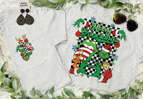 *RTS 5-7 Bus Days Merry Grinchmas Checkered Front Pocket & Big On Back Design*  Ash Grey Tee