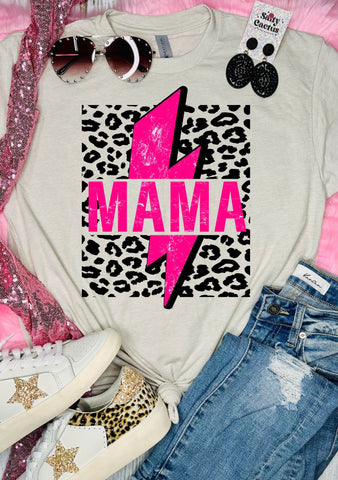 *RTS 5-7 Bus Days* Mama Neon Pink Leopard Bolt Tan Tee