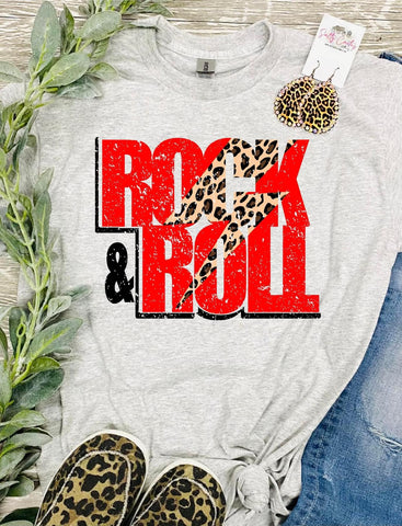 *RTS 5-7 Bus Days* Rock Roll Leopard Bolt Ash Grey Tee