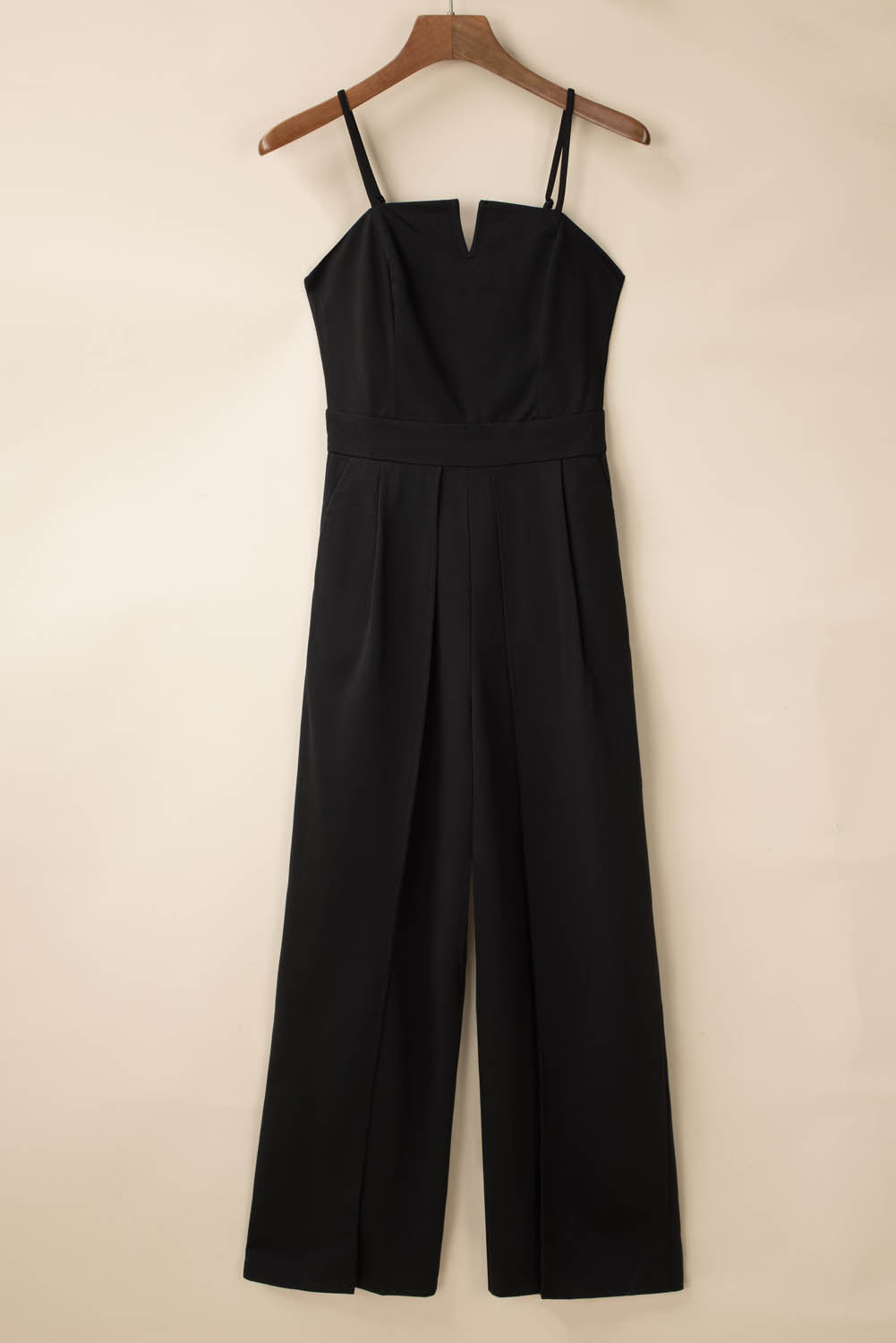 Black Spaghetti Straps Slit Leg Jumpsuit with Pockets