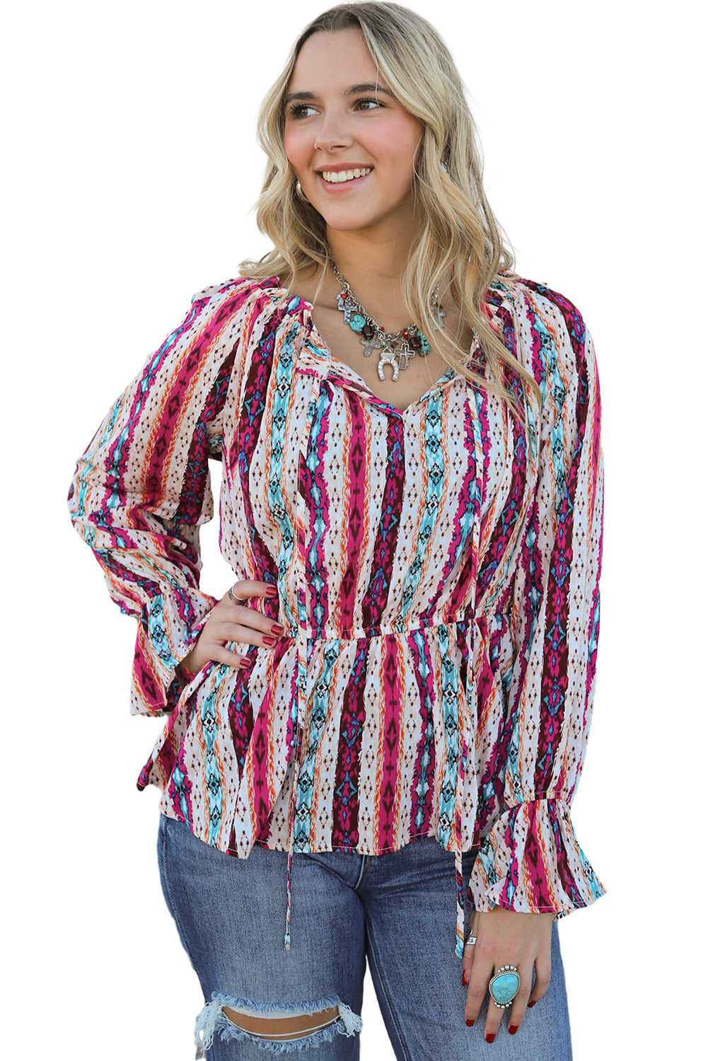 Multicolour Western Aztec Split Neck Peplum Blouse