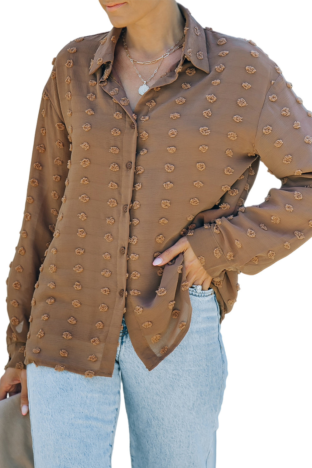 Brown Long Sleeve Button Fuzzy Polka Dot Shirt