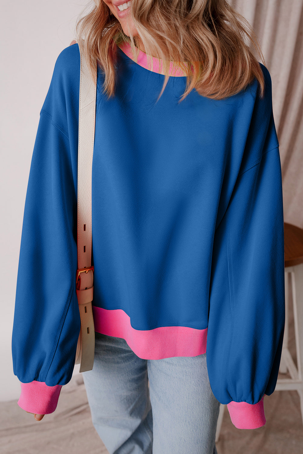 Pink Colorblock Bubble Sleeve Sweatshirt