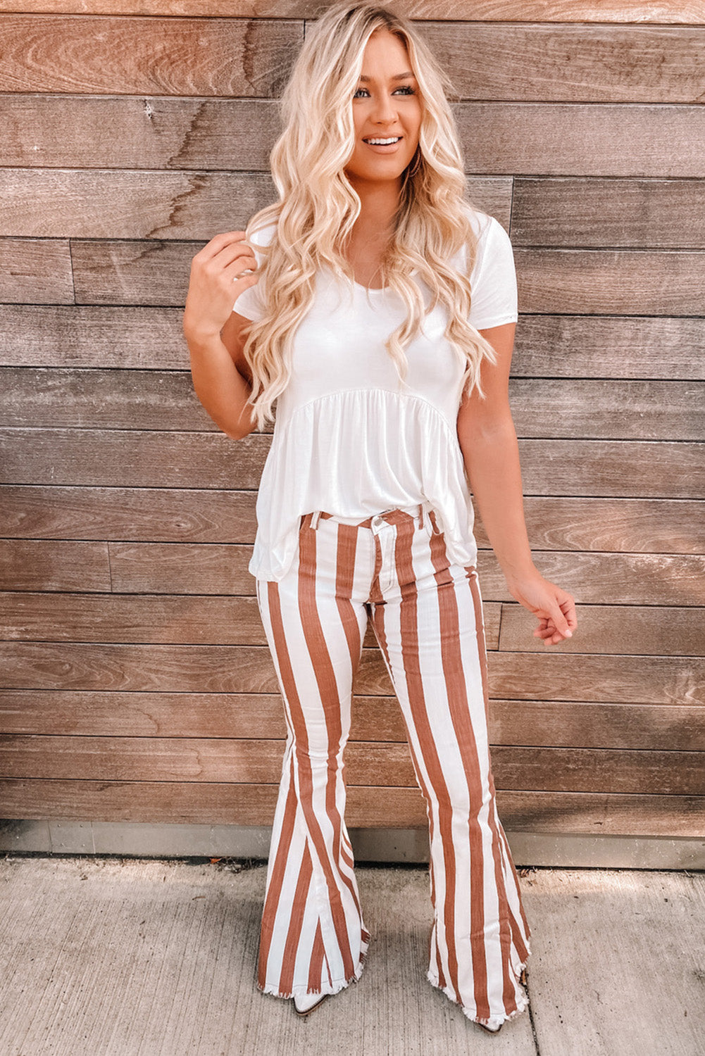 Brown Striped Fringe Bell Bottom Denim Pants